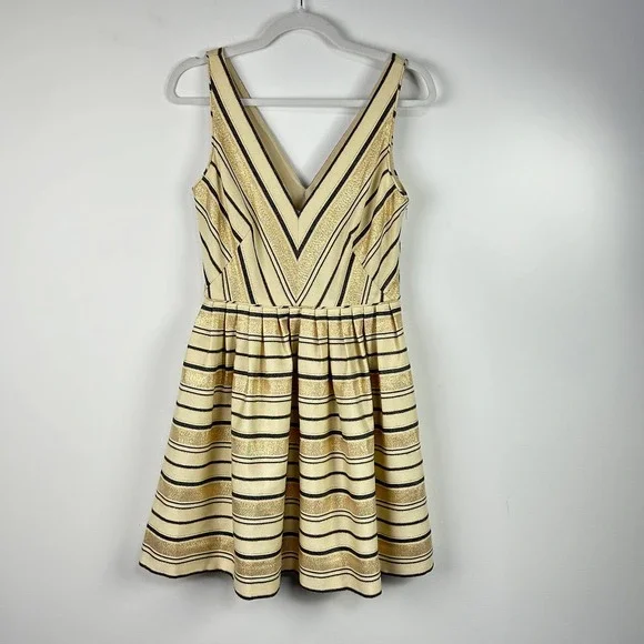 NEW J. Crew Metallic Gold Stripe Fit Flare Dress Party Size 2
